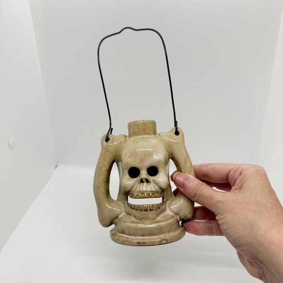 SOLD Ceramic Skeleton Skull Lantern Tea Light Candle Halloween Bones Spooky - Picture 5 of 13